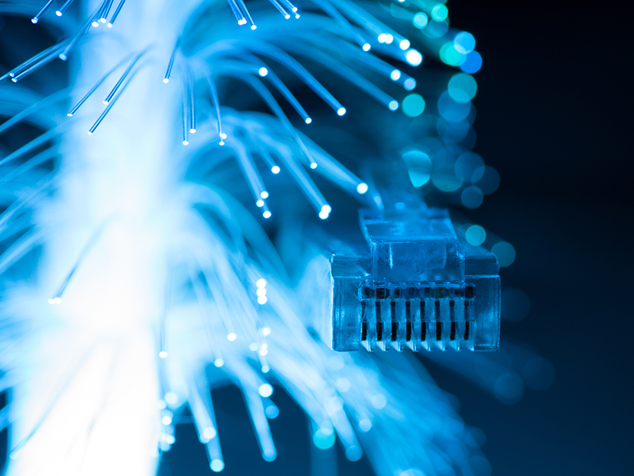 Network cables closeup with fiber optic. Selective focus.